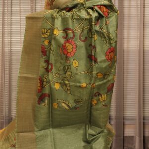 Alternative view of Green Kalamkari Printed Pure Tussar Saree
