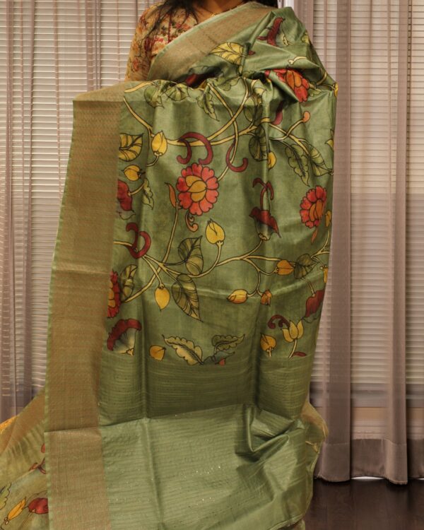 Green Kalamkari Printed Pure Tussar Saree - Image 2