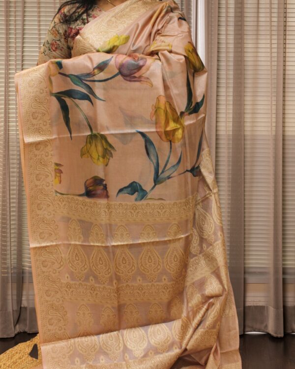Pink Floral Printed Pure Tussar Saree