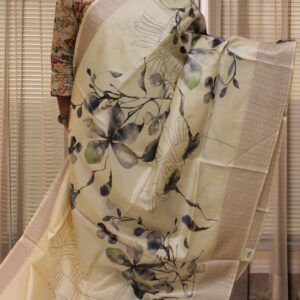 Off White Floral Printed Pure Tussar Saree