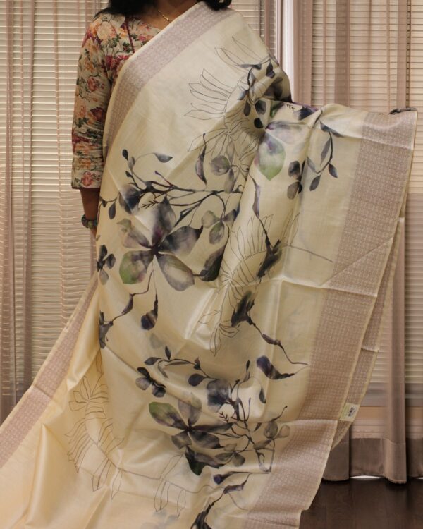 Off White Floral Printed Pure Tussar Saree