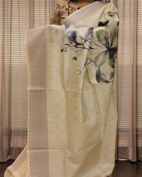 Off White Floral Printed Pure Tussar Saree - Image 2