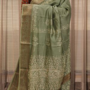 Green with White Batik Prints Pure Chanderi Silk Saree