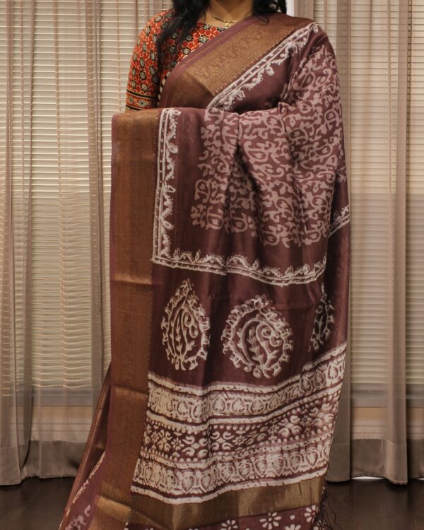 Mauve with White Batik Prints Pure Chanderi Silk Saree