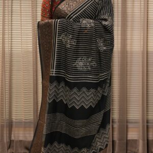 Black with White Block Prints Pure Chanderi Silk Saree