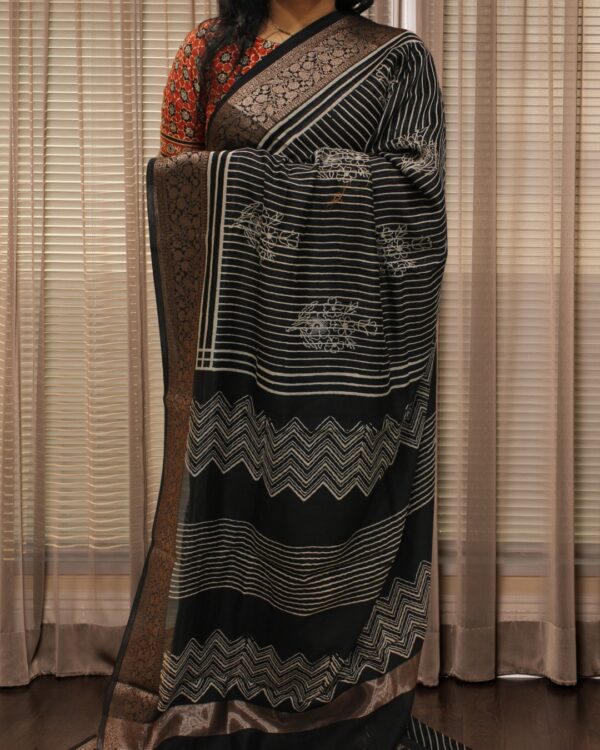 Black with White Block Prints Pure Chanderi Silk Saree