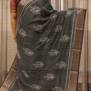 Alternative view of Black with White Block Prints Pure Chanderi Silk Saree