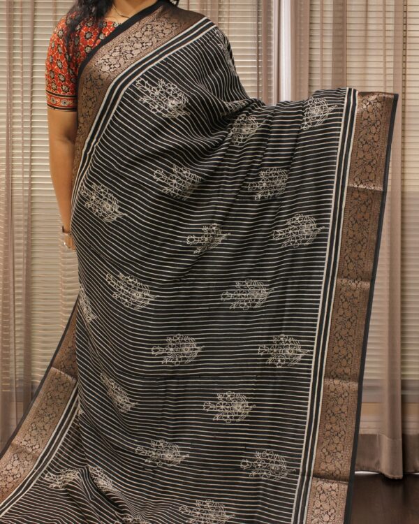 Black with White Block Prints Pure Chanderi Silk Saree - Image 2