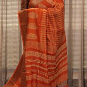 Orange with Cream Block Prints Pure Chanderi Silk Saree