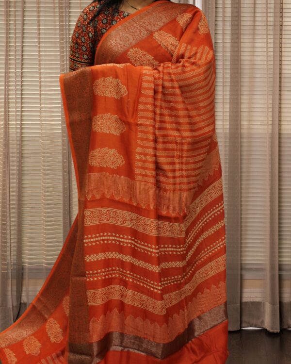 Orange with Cream Block Prints Pure Chanderi Silk Saree