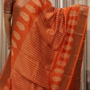 Alternative view of Orange with Cream Block Prints Pure Chanderi Silk Saree