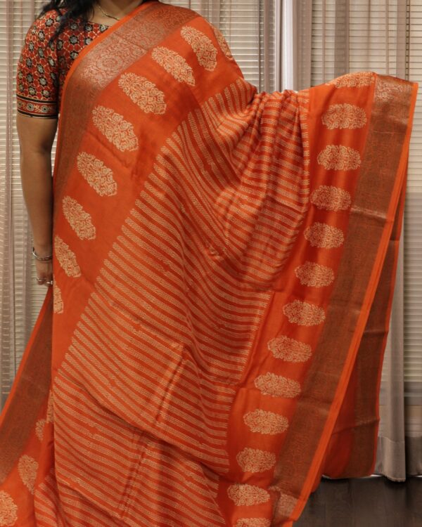 Orange with Cream Block Prints Pure Chanderi Silk Saree - Image 2