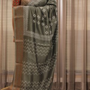 Alternative view of Grey with White Block Prints Pure Chanderi Silk Saree