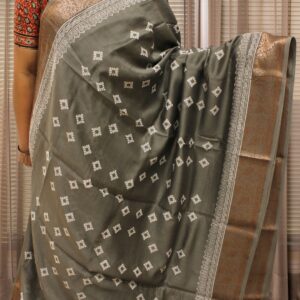 Grey with White Block Prints Pure Chanderi Silk Saree