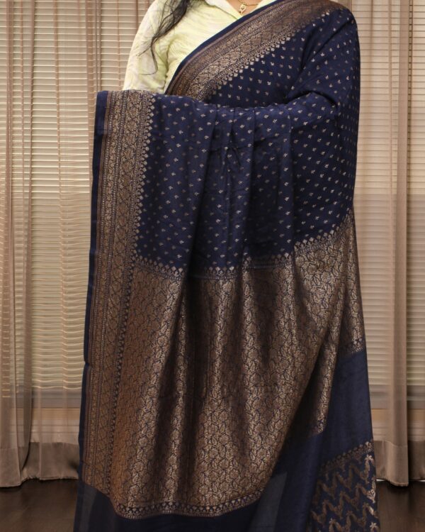 Small Floral Buttas Self Pure Crepe Chiffon Banaras Saree - Image 3