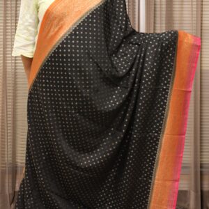 Alternative view of Small Floral Buttas 3D Pure Crepe Chiffon Banaras Saree - Black, Orange & Pink