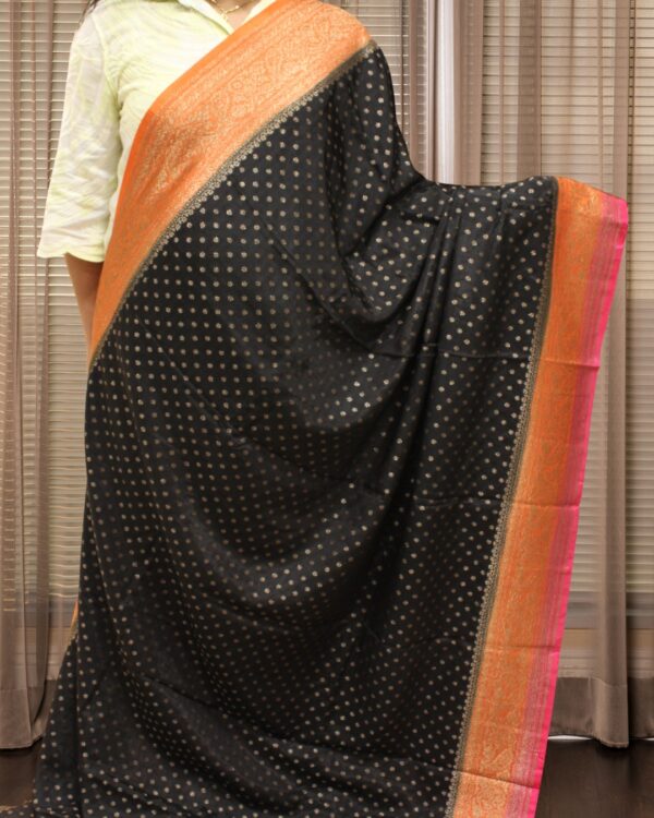Small Floral Buttas 3D Pure Crepe Chiffon Banaras Saree - Black, Orange & Pink - Image 2