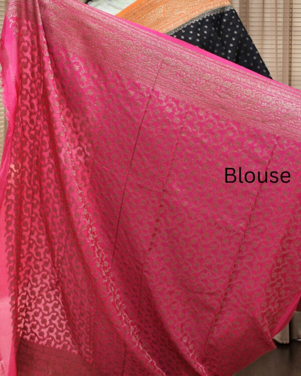 Small Floral Buttas 3D Pure Crepe Chiffon Banaras Saree - Black, Orange & Pink - Image 3