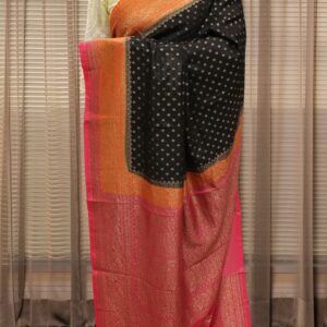 Small Floral Buttas 3D Pure Crepe Chiffon Banaras Saree - Black, Orange & Pink