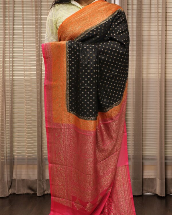 Small Floral Buttas 3D Pure Crepe Chiffon Banaras Saree - Black, Orange & Pink