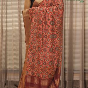 Red & Blue Ajrakh Print Semi Dola Saree