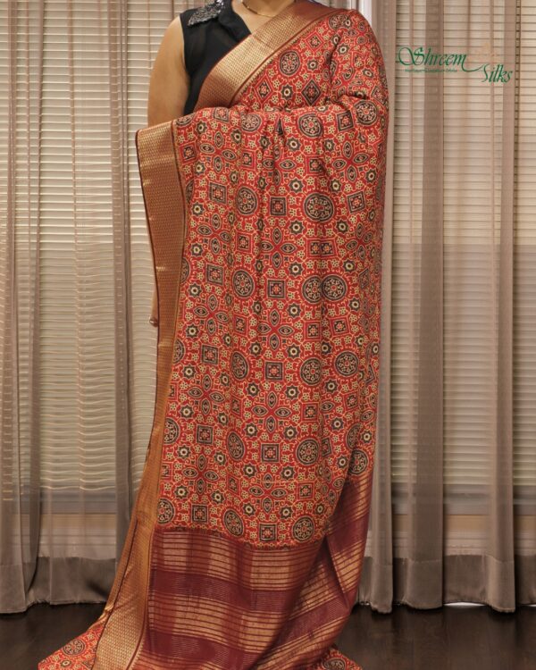 Red & Blue Ajrakh Print Semi Dola Saree