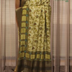 Chickoo & Green Ajrakh Print Semi Dola Saree