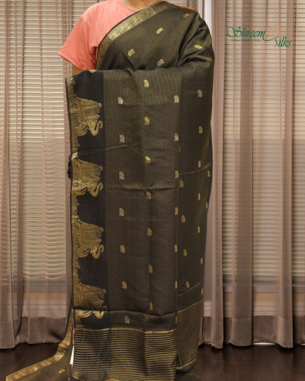 Black & Red Zari Woven Elephant Motifs Dola Silk Saree - Image 2