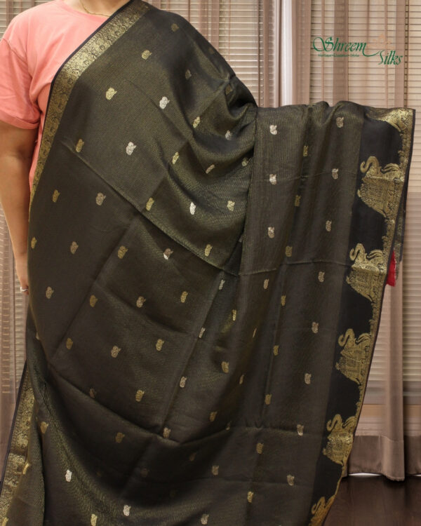 Black & Red Zari Woven Elephant Motifs Dola Silk Saree