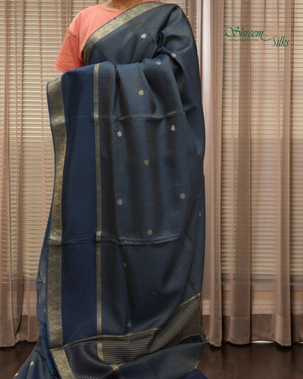 Blue Zari Woven Stripes with Bentex Border Dola Silk Saree