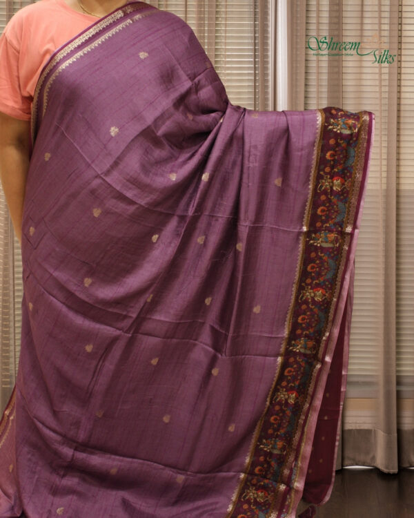 Purple with Buttas & Bentex Border with Kalamkari Prints Dola Silk Saree