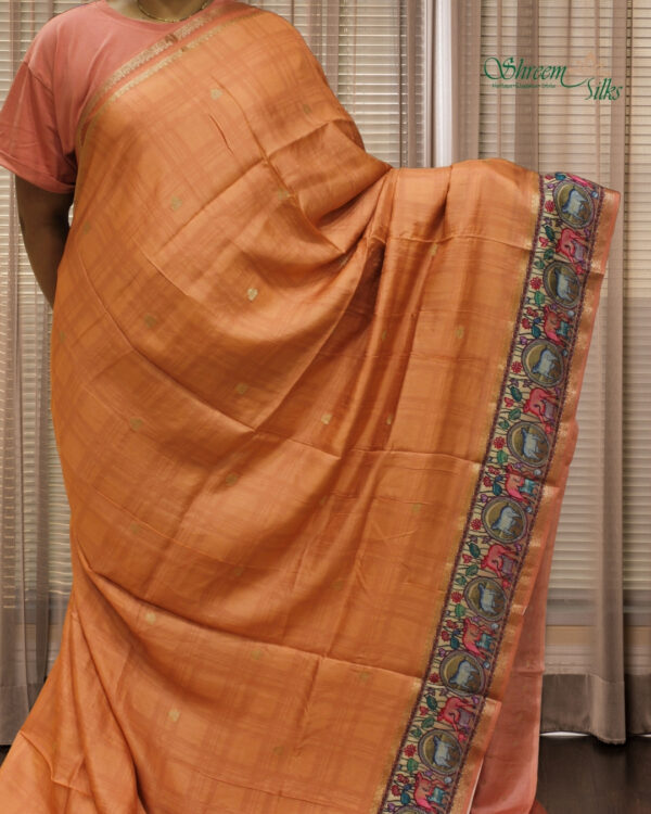 Peach with Buttas & Bentex Border with Kalamkari Prints Dola Silk Saree