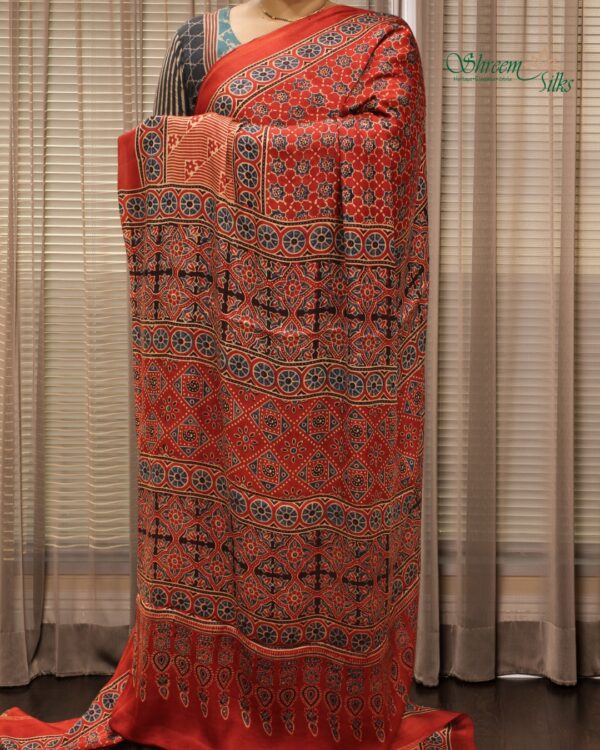 Red Ajrakh Prints Pure Modal Silk Saree - Image 2