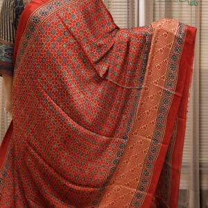 Red Ajrakh Prints Pure Modal Silk Saree