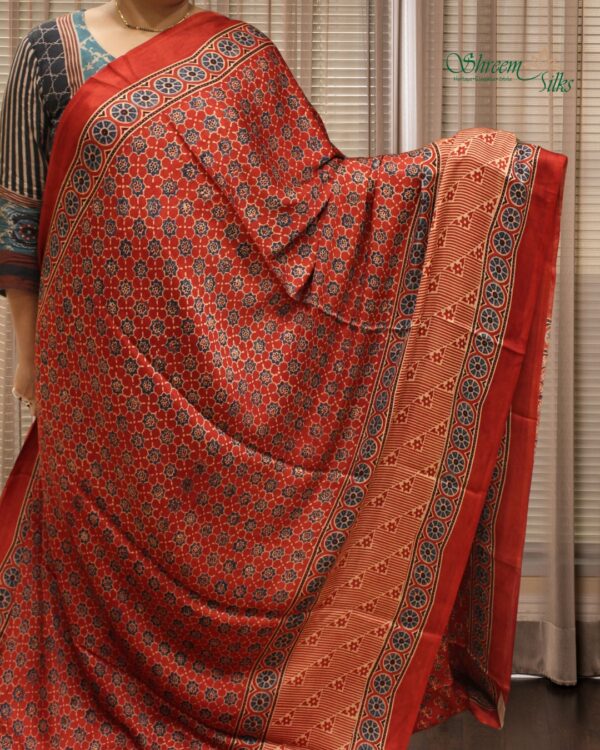 Red Ajrakh Prints Pure Modal Silk Saree