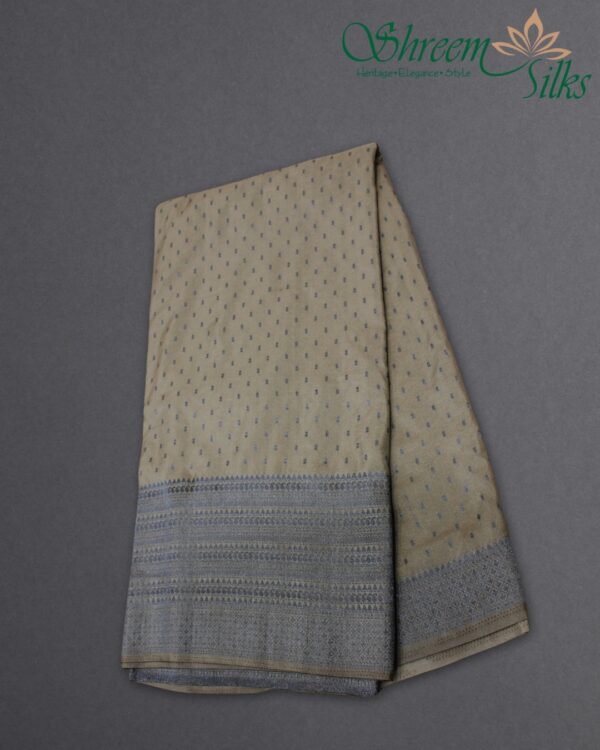 Black Zari Woven Small Buttas with Big Border Semi Banaras Crepe Saree - Image 2