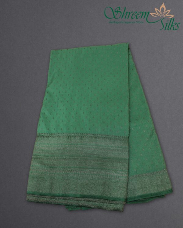Black Zari Woven Small Buttas with Big Border Semi Banaras Crepe Saree - Image 4