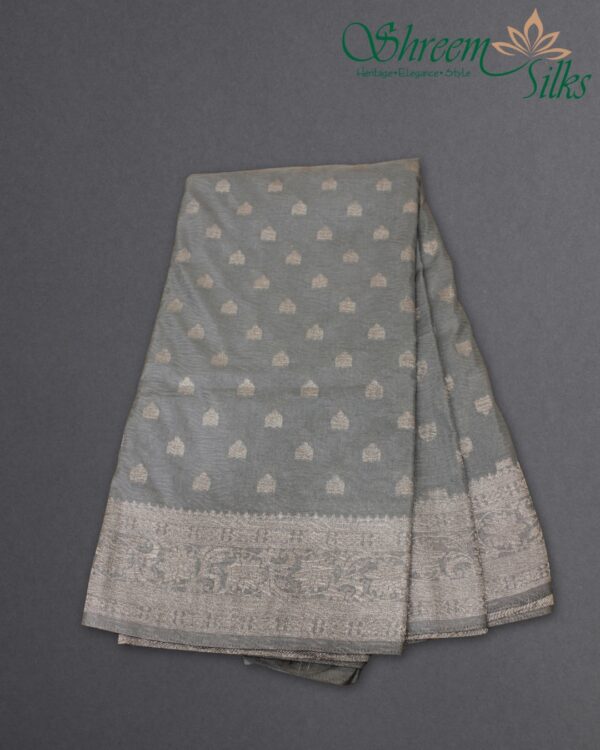 Self Embossed with Silver Zari Woven Motifs Crepe Saree - Image 2