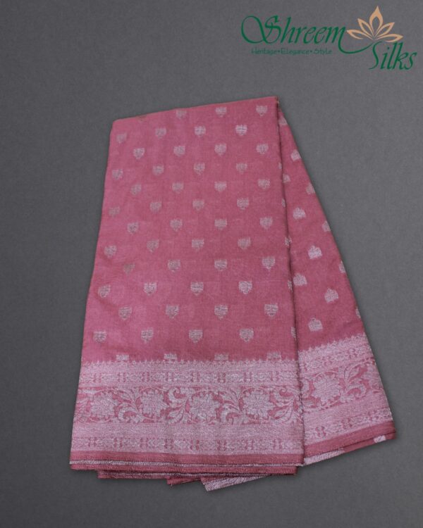 Self Embossed with Silver Zari Woven Motifs Crepe Saree - Image 3