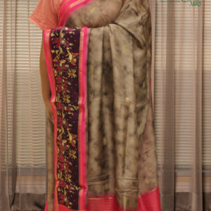 Brown & Fuchsia Pink with Zari Woven Elephant Motifs and Printed Border Dola Silk Saree