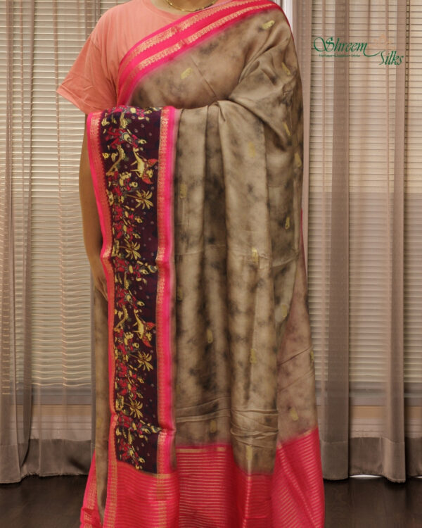 Brown & Fuchsia Pink with Zari Woven Elephant Motifs and Printed Border Dola Silk Saree