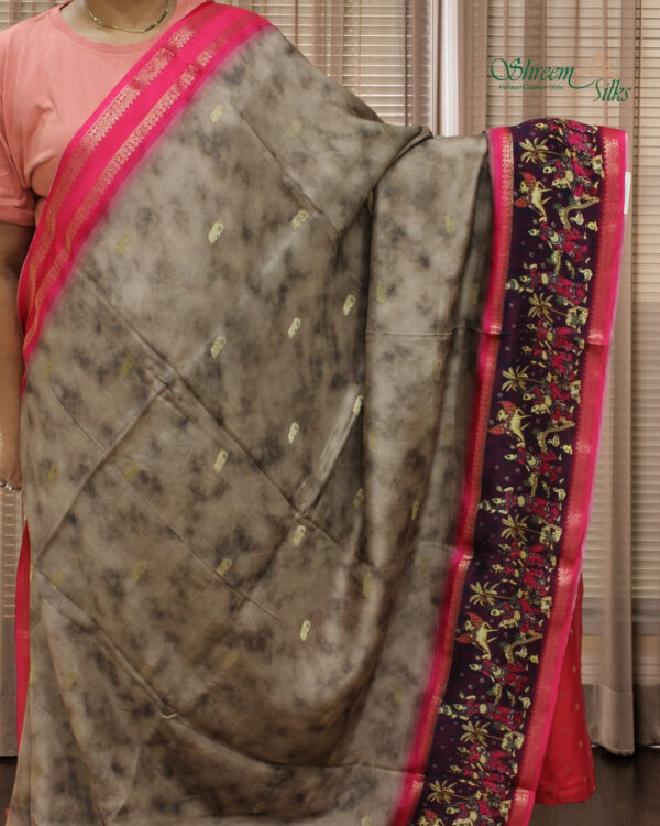 Brown & Fuchsia Pink with Zari Woven Elephant Motifs and Printed Border Dola Silk Saree - Image 2