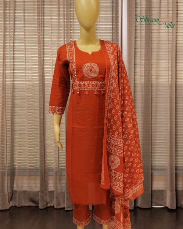 Rust Orange with White Bandhani Prints Kurta Set