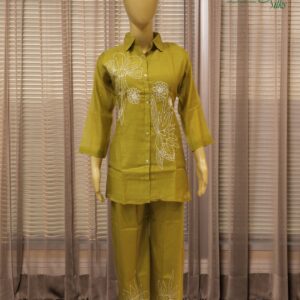 Olive Green with White Thread & Sequence work Mul Chanderi Cord Set