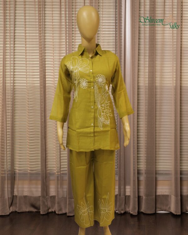 Olive Green with White Thread & Sequence work Mul Chanderi Cord Set