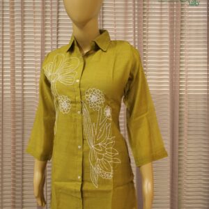 Alternative view of Olive Green with White Thread & Sequence work Mul Chanderi Cord Set