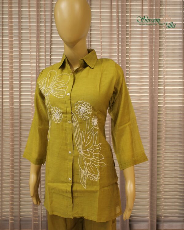 Olive Green with White Thread & Sequence work Mul Chanderi Cord Set - Image 2