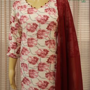 Cream & Maroon with Leaf Prints Rayon Kurti Set