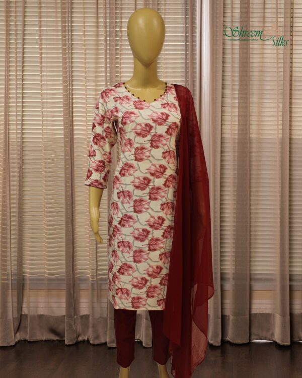 Cream & Maroon with Leaf Prints Rayon Kurti Set - Image 2