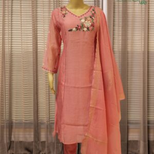 Peach with Floral Embroidery Mul Chanderi Kurta Set